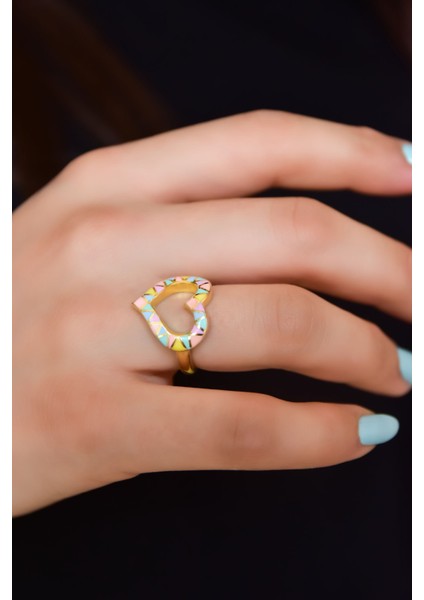 925 Ayar Gümüş Yüzük Gold Kaplama Ayarlanabilir Renkli Mineli Kalp Yüzük fiyatları