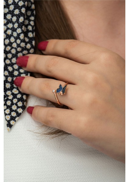 925 Ayar Mavi Taşlı Gümüş Kelebek Kadın Yüzük Rose Kaplama