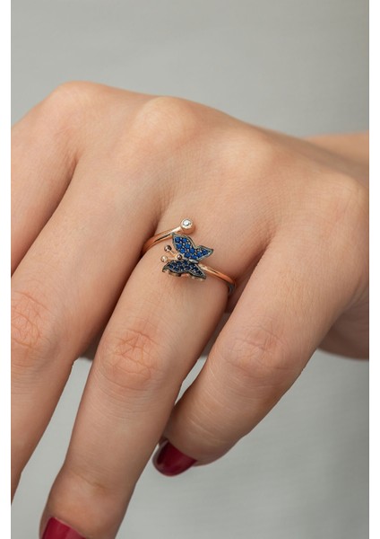 925 Ayar Mavi Taşlı Gümüş Kelebek Kadın Yüzük Rose Kaplama fiyatları