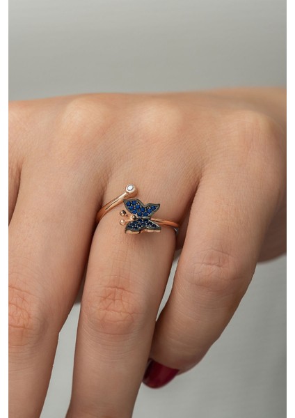 925 Ayar Mavi Taşlı Gümüş Kelebek Kadın Yüzük Rose Kaplama modelleri