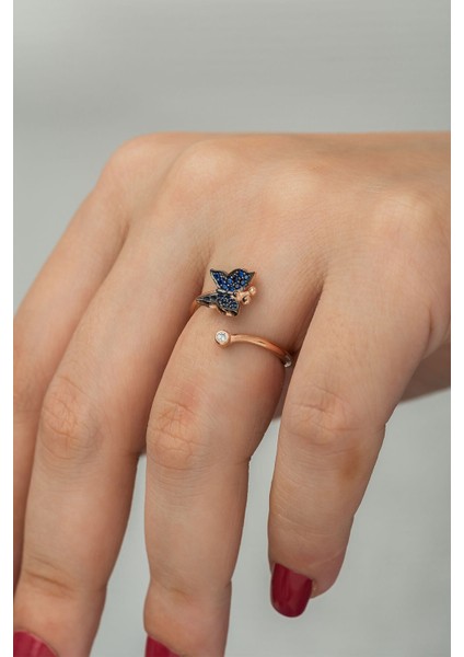 925 Ayar Mavi Taşlı Gümüş Kelebek Kadın Yüzük Rose Kaplama fırsatları