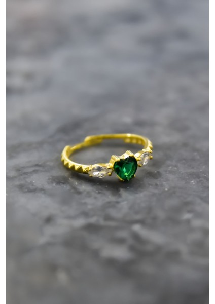925 Ayar Gümüş Yüzük Gold Kaplama Yeşim Taşlı Kalp Model Baget Taşlı Ayarlanabilir Yüzük fiyatları