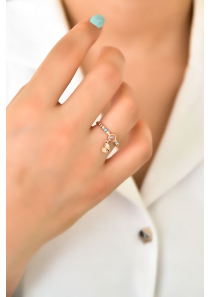 925 Ayar Gümüş Yüzük Rose Kaplama Ay Taşlı Kalp Motifli Mineli Gözlü Ayarlanabilir Kadın Yüzük