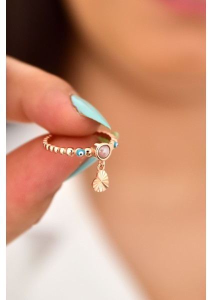 925 Ayar Gümüş Yüzük Rose Kaplama Ay Taşlı Kalp Motifli Mineli Gözlü Ayarlanabilir Kadın Yüzük fiyatları