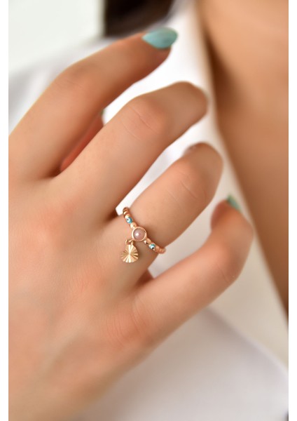 925 Ayar Gümüş Yüzük Rose Kaplama Ay Taşlı Kalp Motifli Mineli Gözlü Ayarlanabilir Kadın Yüzük modelleri