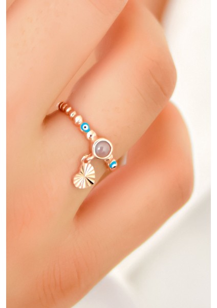 925 Ayar Gümüş Yüzük Rose Kaplama Ay Taşlı Kalp Motifli Mineli Gözlü Ayarlanabilir Kadın Yüzük fırsatları