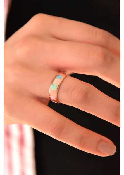 925 Ayar Gümüş Yüzük Rose Kaplama Renkli Yıldız Mineli Ayarlanabilir Yüzük