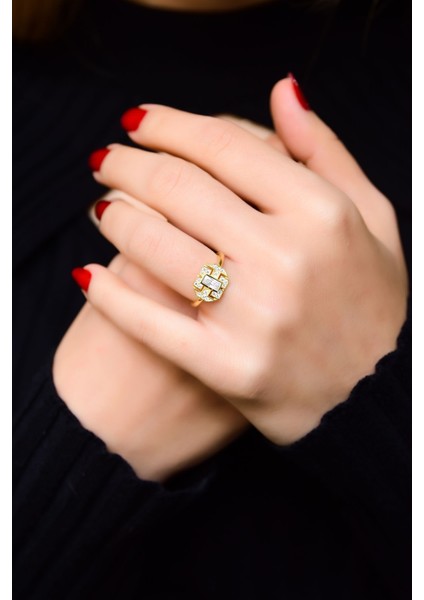 925 Ayar Gümüş Yüzük Gold Kaplama Baget Taşlı Ayarlanabilir Yüzük