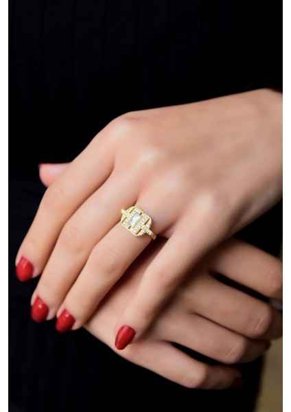 925 Ayar Gümüş Yüzük Gold Kaplama Baget Taşlı Ayarlanabilir Yüzük modelleri