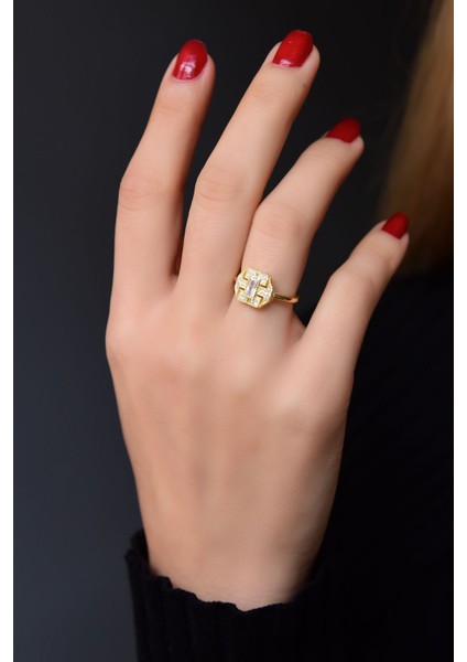 925 Ayar Gümüş Yüzük Gold Kaplama Baget Taşlı Ayarlanabilir Yüzük fırsatları