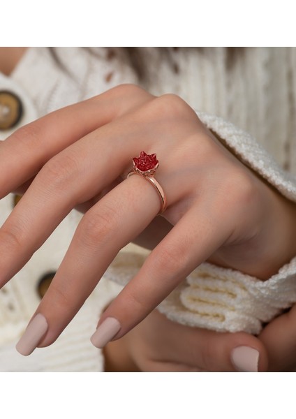 925 Ayar Gümüş Rose Kaplama Ayarlanabilir Kırmızı Lotus Çiçeği Yüzük