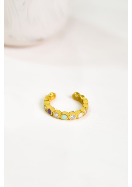 925 Ayar Gümüş Yüzük Gold Kaplama Ayarlanabilir Zirkon Taşlı Renkli Mineli Yüzük Model1
