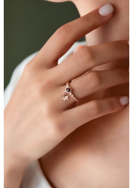 925 Ayar Gümüş Yüzük Bordo Ay Taşlı Lotus Motifli Ayarlanabilir Kadın Yüzük