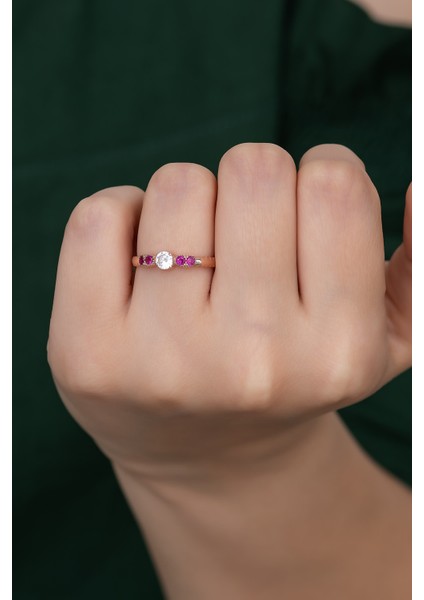 Gümüş Prenses Yüzük Renkli Taşlı Ayarlanabilir Ölçü. Rose Gold Kaplama 925 Ayar Gümüş Yüzük