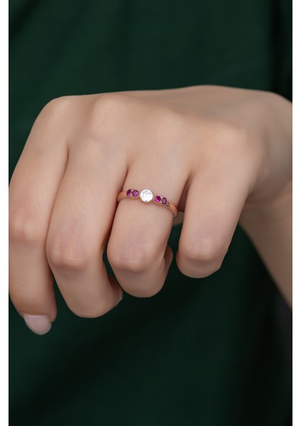 Gümüş Prenses Yüzük Renkli Taşlı Ayarlanabilir Ölçü. Rose Gold Kaplama 925 Ayar Gümüş Yüzük