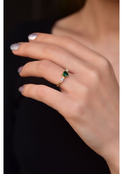 925 Ayar Gümüş Yüzük Rose Kaplama Yeşim Renkli Kalp Ayarlanabilir Prenses Yüzük