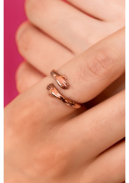 925 Ayar Gümüş Yüzük Rose Kaplama El Figürlü Kadın Ayarlanabilir Yüzük