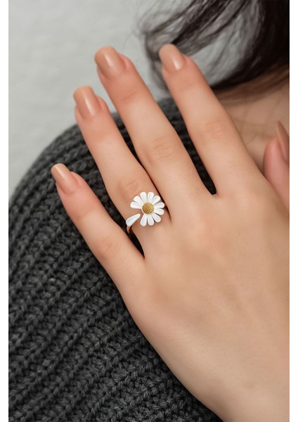 925 Ayar Gümüş Yüzük Rose Kaplama Mineli Papatya Yüzük fiyatları