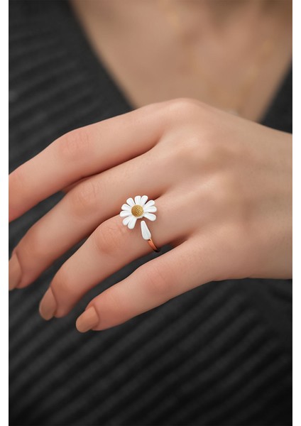 925 Ayar Gümüş Yüzük Rose Kaplama Mineli Papatya Yüzük modelleri