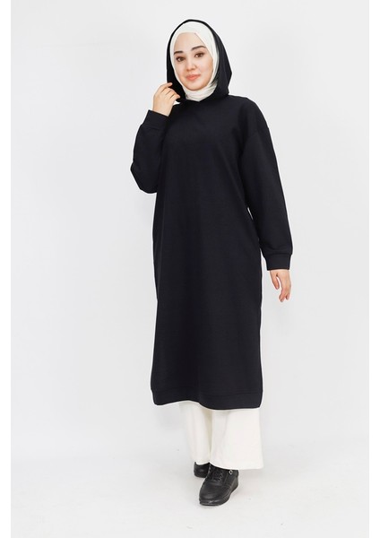 3007 2 Ip Kumaş Kapüşonlu Yırtmaç Detaylı Sweatshirt