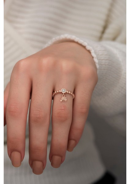 925 Ayar Gümüş Yüzük Rose Altın Kaplama Ay Taşlı Fil Motifli Kadın Yüzüğü