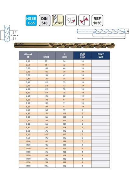 5,00MM Izar DIN340 Hsse Co5 Altın Seri Uzun Matkap Ucu (10'lu) modelleri