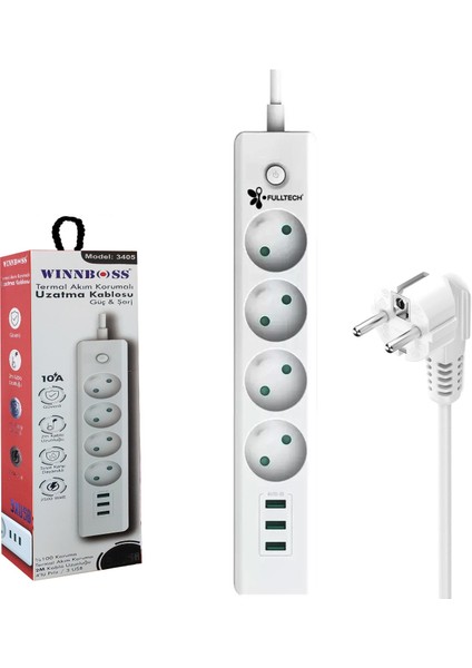 Akım Korumalı Priz Dörtlü Anahtarlı 2 mt 3 x Usb Wınnboss WN-3405