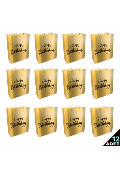 Happy Birthday Altın Karton Çanta, 32 x 26 x 10 cm - 12 Adet