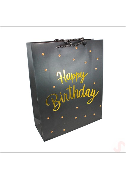 Happy Birthday Siyah Karton Çanta, 32 x 26 x 10 cm - 12 Adet modelleri