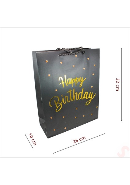 Happy Birthday Siyah Karton Çanta, 32 x 26 x 10 cm - 12 Adet fırsatları