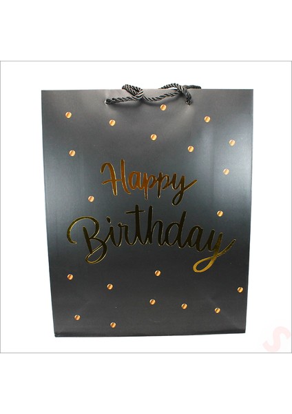 Happy Birthday Siyah Karton Çanta, 32 x 26 x 10 cm - 12 Adet indirimleri