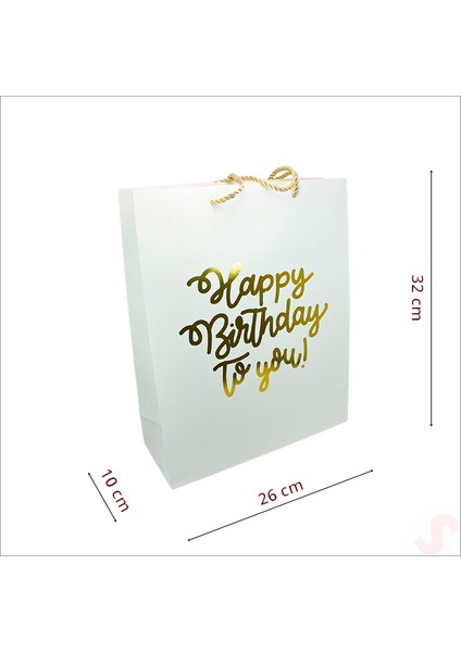 Happy Birthday Beyaz Karton Çanta, 32 x 26 x 10 cm - 12 Adet fırsatları