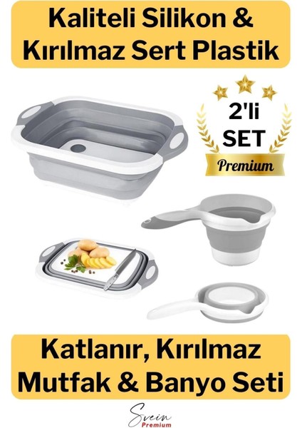 Çok Amaçlı Premium Katlanır Kesme Tahtası Tıpalı Yıkama Leğeni Badya ve Koçero Su Maşrapası 2li Set fiyatları