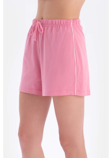 Ekru Kısa Kollu Parça Baskılı Süprem Tişört Şort Pijama Takımı