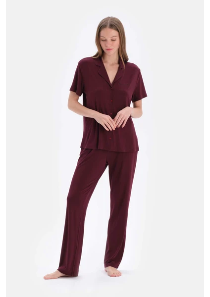 Bordo Viskon Gömlek Pantolon Pijama Takımı