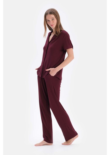 Bordo Viskon Gömlek Pantolon Pijama Takımı