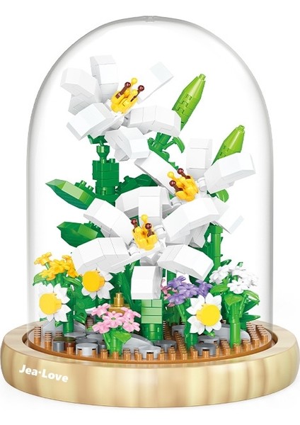 Jea·love Flower Serisi Montajlı Yapı Taşları (Şeffaf Kapak + Ahşap Taban) (Yurt Dışından)
