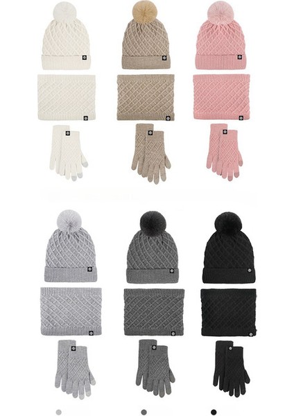 Kadın Kış Kadife Sıcak Örme Şapka 3 Parçalı Set (Yurt Dışından)