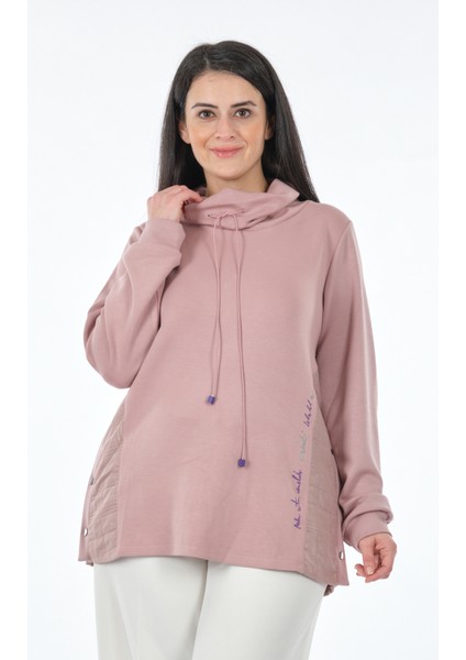 Kapüşonlu Büyük Beden Yazılı Uzun Kollu Pudra Kadın Sweatshirt 22233312