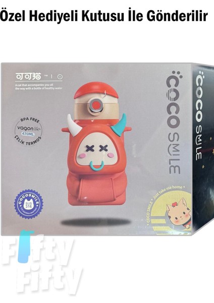 Cocosmile Özel Kutulu Kılıflı 470 ml Pipetli Çelik Termos -Boyun Askılı- 4 Farklı Model Cskılıflı modelleri