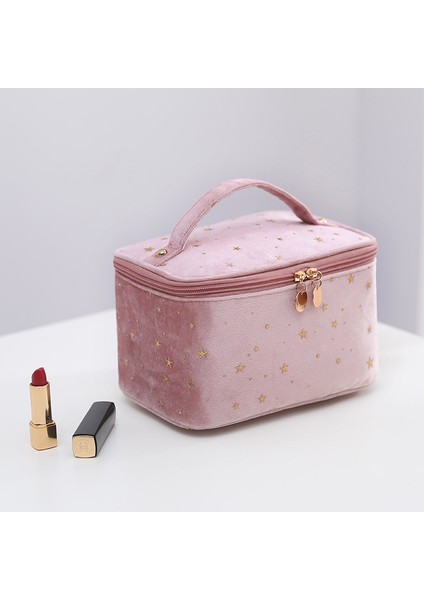 Kare Pembe 20.5*14*13 Cm/0.16 kg Bayanlar Kadife Kozmetik Çantası Seyahat El Yıkama Torbası Kadife Kozmetik Saklama Çantası (Yurt Dışından)
