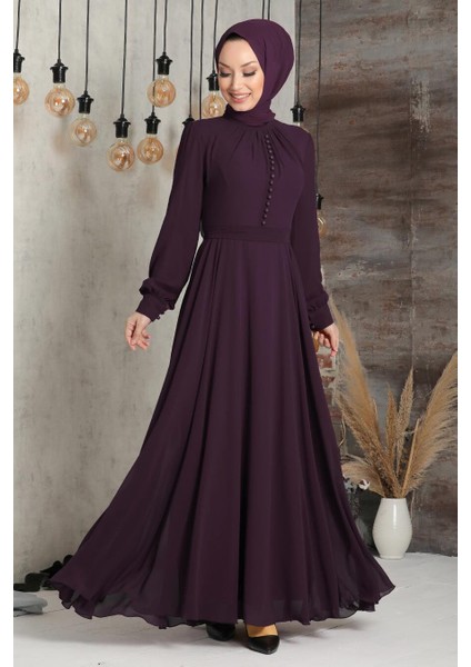 Düğme Detaylı Mürdüm Tesettür Elbise 2703MU