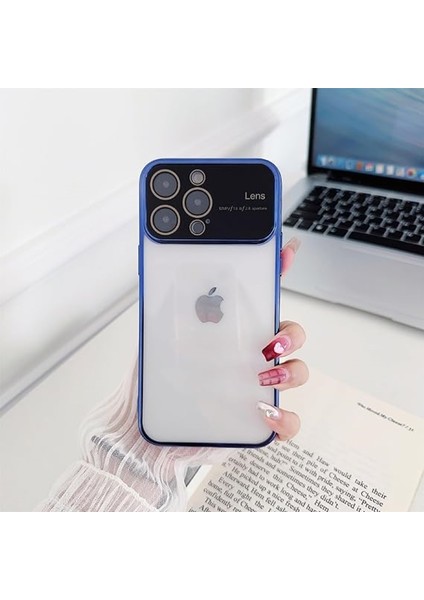Apple iPhone 15 Pro Max Kamera Lens Korumalı Kenarı Renkli Luxury Şeffaf Kılıf Mavi