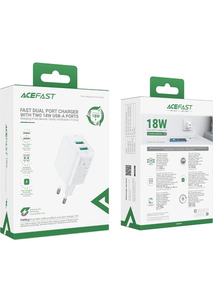 Duvar Şarj Çift Usb-A Çıkışlı 18W Telefon ve Tablet Şarj Başlık Fast Charge Wall Charger Dual Usb-A Şarj Kafa QC18W (2xusb-A) Eu A33
