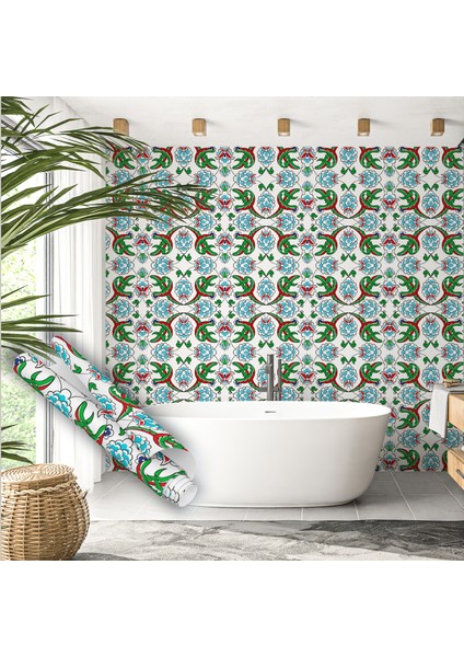 Kırmızı Yeşil Çini Görünümlü Yapışkanlı Folyo, Tezgah, Masa, Dolap Kaplama Folyosu, Minimal Tasarımlı, Isıya Dayanıklı, Su Geçirmez, Yapışkan Folyolar, Sticker, Büyük Ebatlı, Dekoros fırsatları