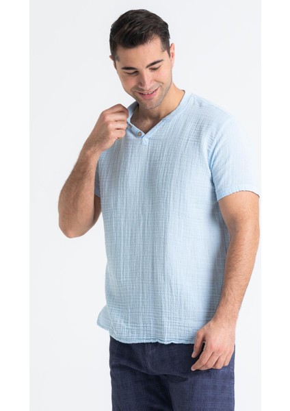 Kısa Kol Müslin Erkek Ribanalı Tshirt Buz Mavi Bmv