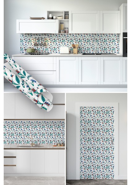 Lale Motifli Çini Desenli Yapışkanlı Folyo, Modern Kaplama Kağıdı, Mutfak, Tezgah, Masa, Dolap Kaplama Folyosu, Yanmaz, Su Geçirmez, Yapışkan Folyolar, Sticker, Büyük Ebatlı, Dekoros