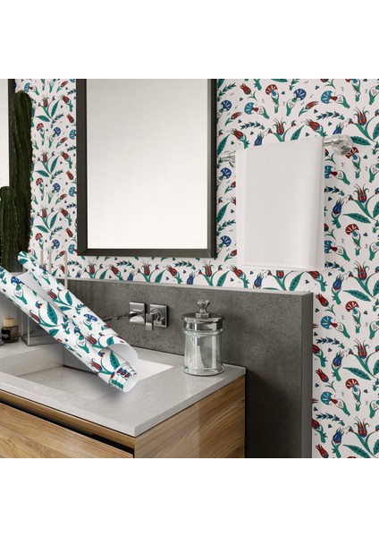Lale Motifli Çini Desenli Yapışkanlı Folyo, Modern Kaplama Kağıdı, Mutfak, Tezgah, Masa, Dolap Kaplama Folyosu, Yanmaz, Su Geçirmez, Yapışkan Folyolar, Sticker, Büyük Ebatlı, Dekoros modelleri