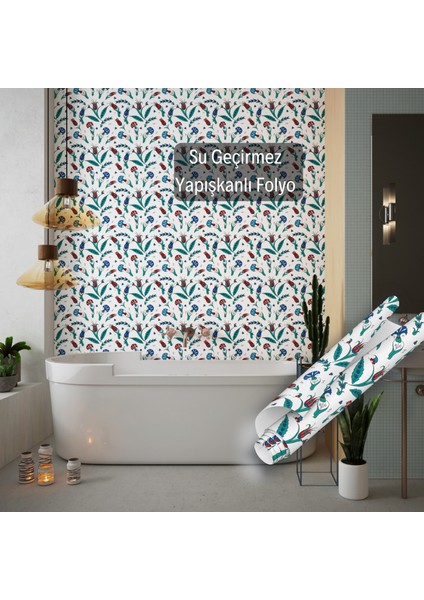Lale Motifli Çini Desenli Yapışkanlı Folyo, Modern Kaplama Kağıdı, Mutfak, Tezgah, Masa, Dolap Kaplama Folyosu, Yanmaz, Su Geçirmez, Yapışkan Folyolar, Sticker, Büyük Ebatlı, Dekoros fırsatları