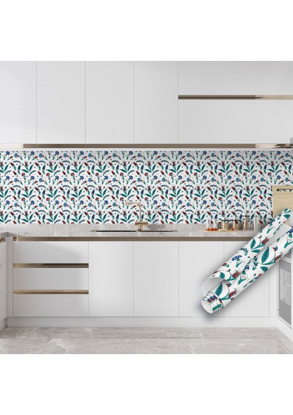 Lale Motifli Çini Desenli Yapışkanlı Folyo, Modern Kaplama Kağıdı, Mutfak, Tezgah, Masa, Dolap Kaplama Folyosu, Yanmaz, Su Geçirmez, Yapışkan Folyolar, Sticker, Büyük Ebatlı, Dekoros indirimleri